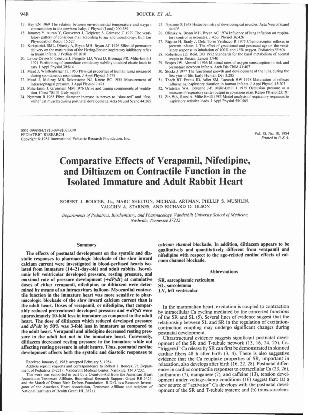 Comparative Effects of Verapamil, Nifedipine, and Diltiazem on Contractile Function in the Isolated Immature and Adult Rabbit Heart