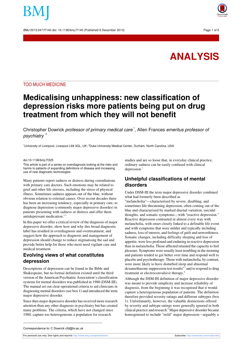 New Classification of Depression Risks More Patients Being Put on Drug Treatment from Which They Will Not Benefit