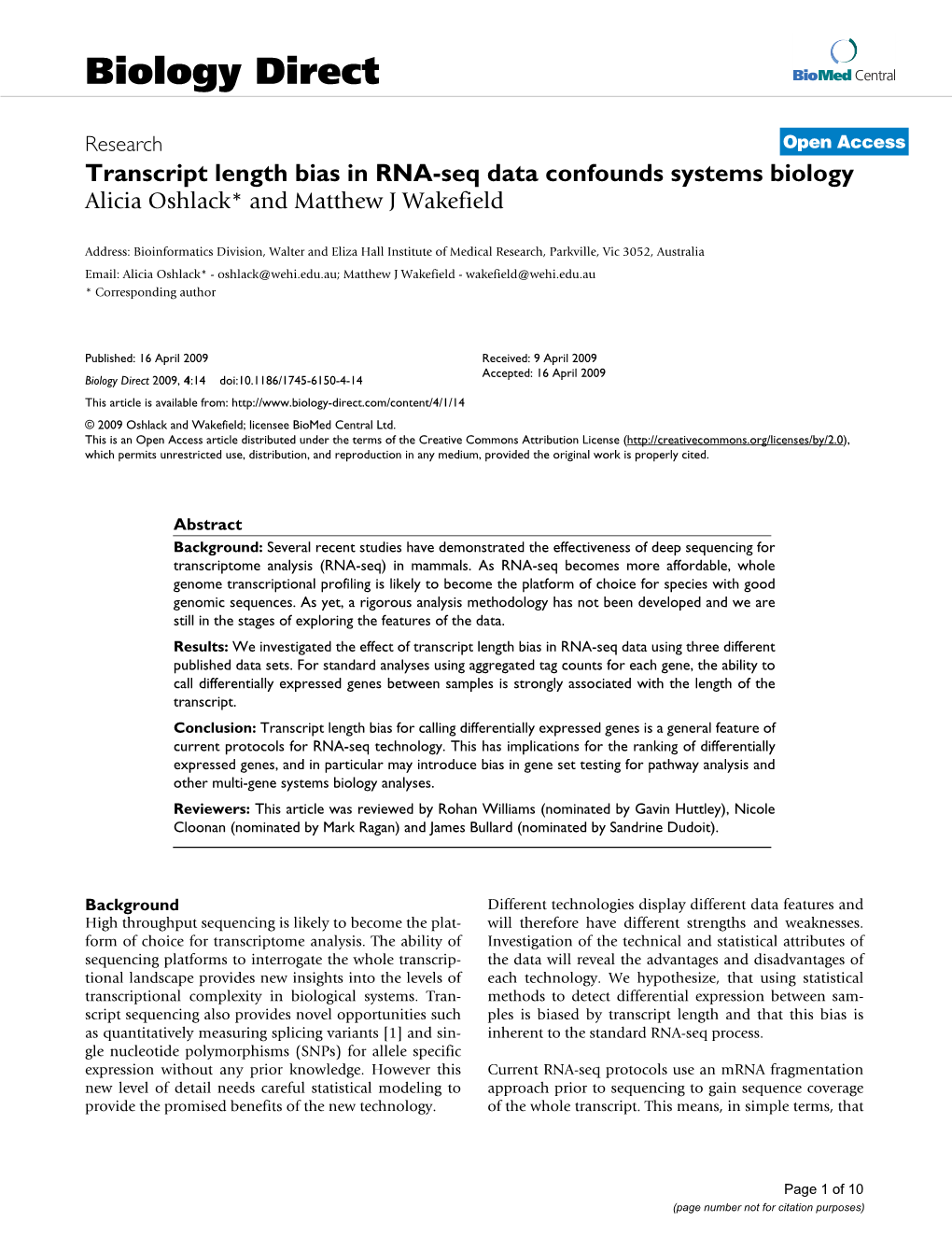 Transcript Length Bias in RNA-Seq Data Confounds Systems Biology Alicia Oshlack* and Matthew J Wakefield