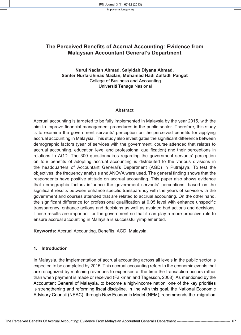 The Perceived Benefits of Accrual Accounting: Evidence from Malaysian Accountant General’S Department