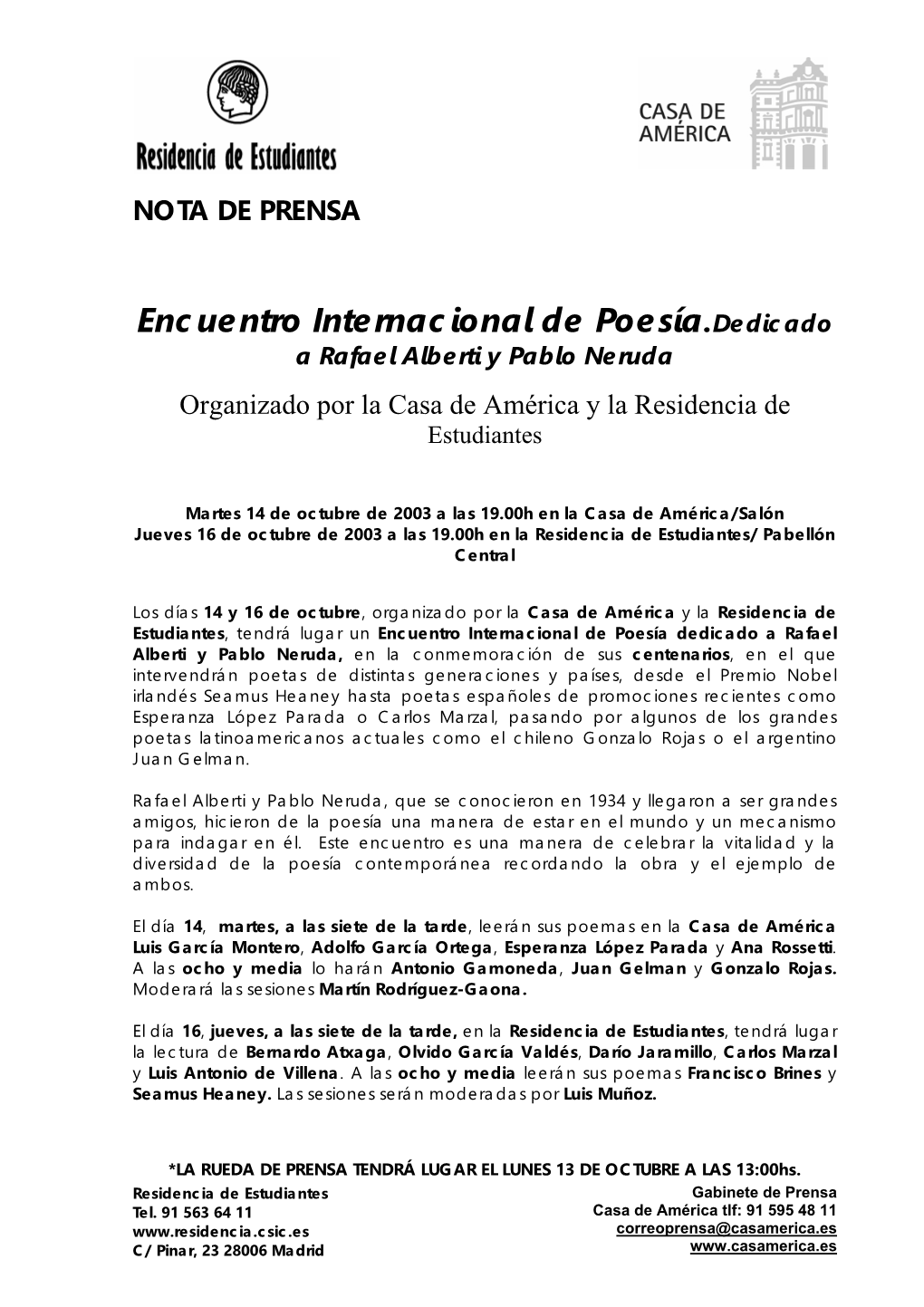 Encuentro Internacional De Poesía.Dedicado a Rafael Alberti Y Pablo Neruda