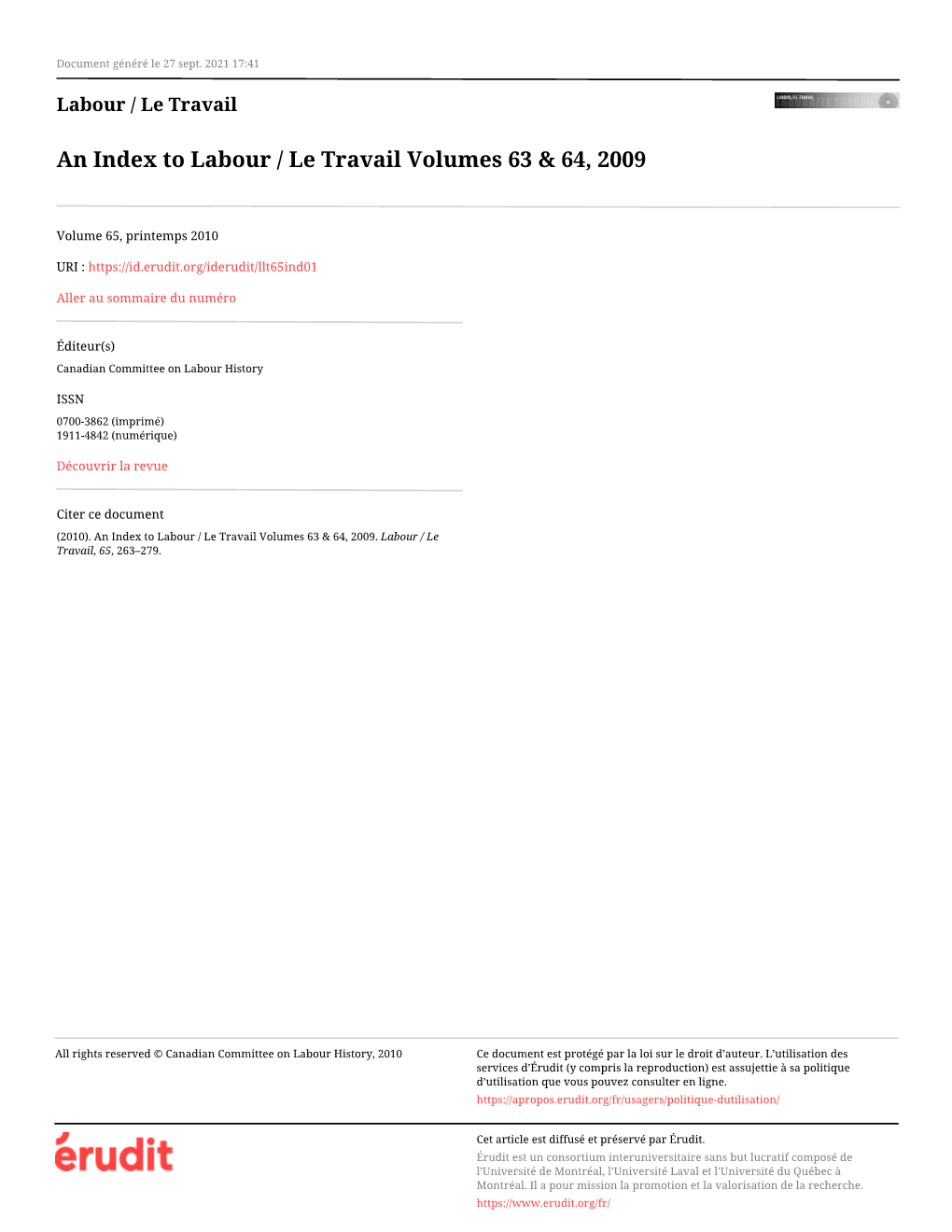 An Index to Labour / Le Travail Volumes 63 & 64, 2009