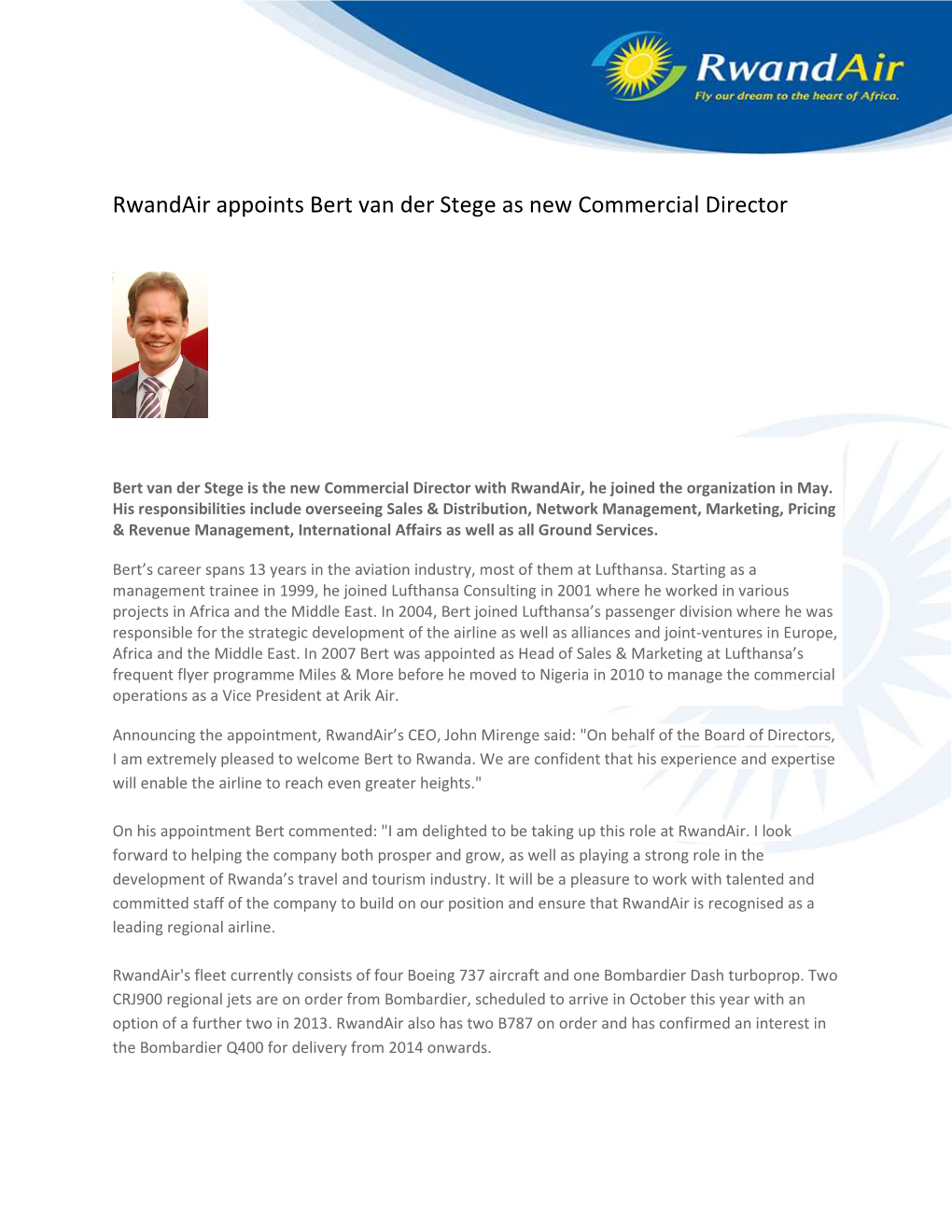 New Commercial Director Rwandair Bert Van Der