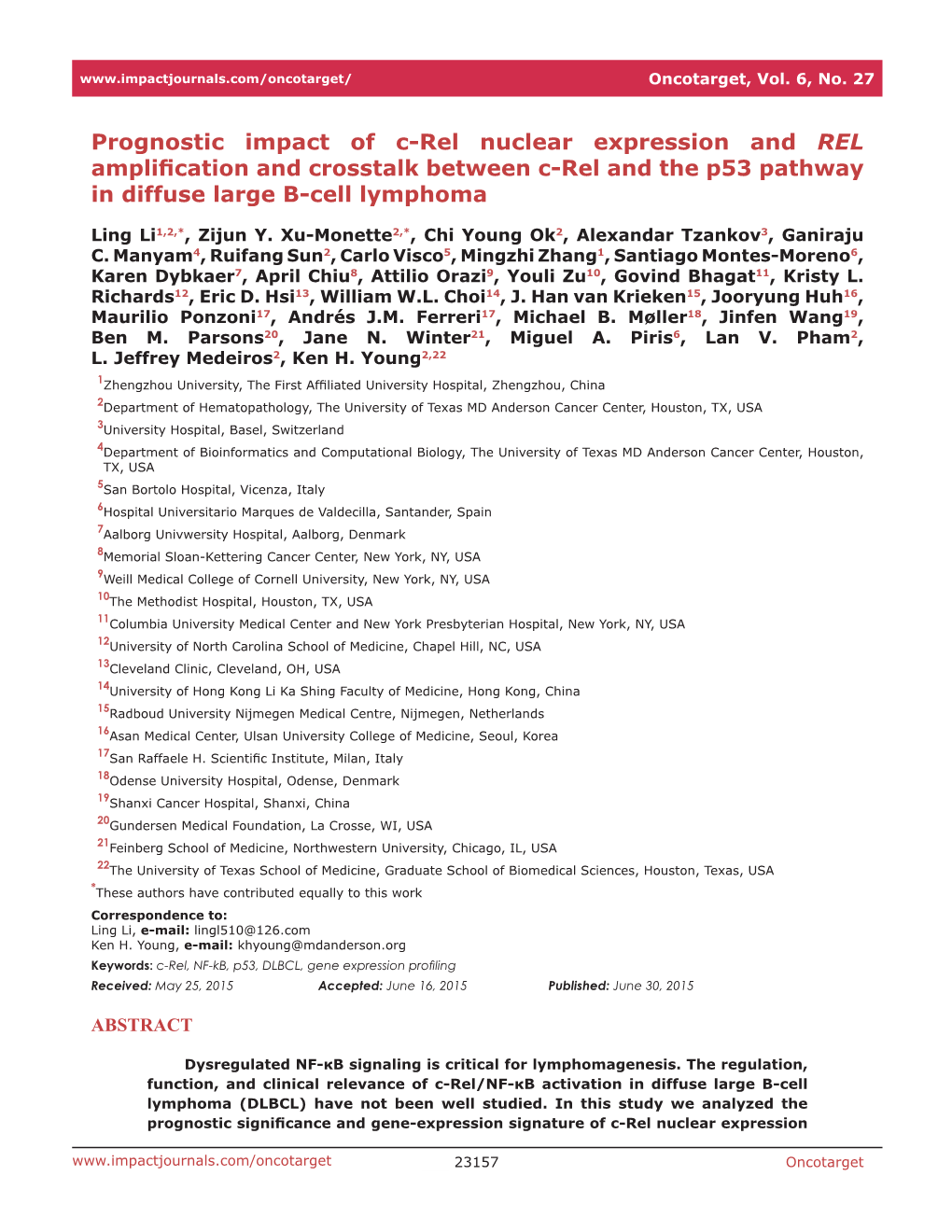 Prognostic Impact of C-Rel Nuclear Expression and REL Amplification and Crosstalk Between C-Rel and the P53 Pathway in Diffuse Large B-Cell Lymphoma