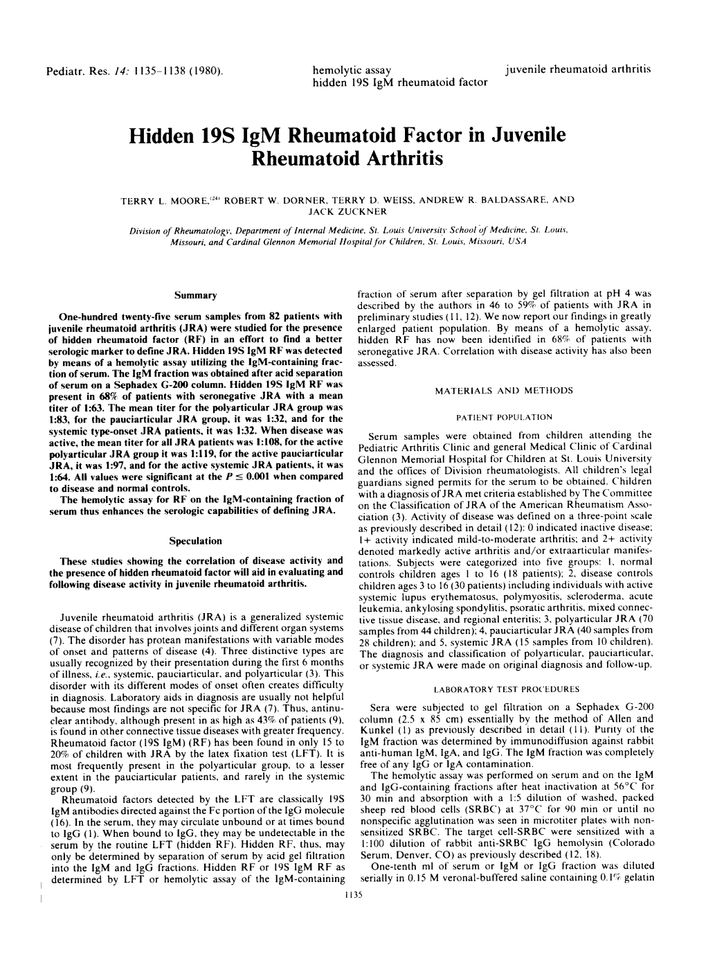 Hidden 19S Igm Rheumatoid Factor in Juvenile Rheumatoid Arthritis