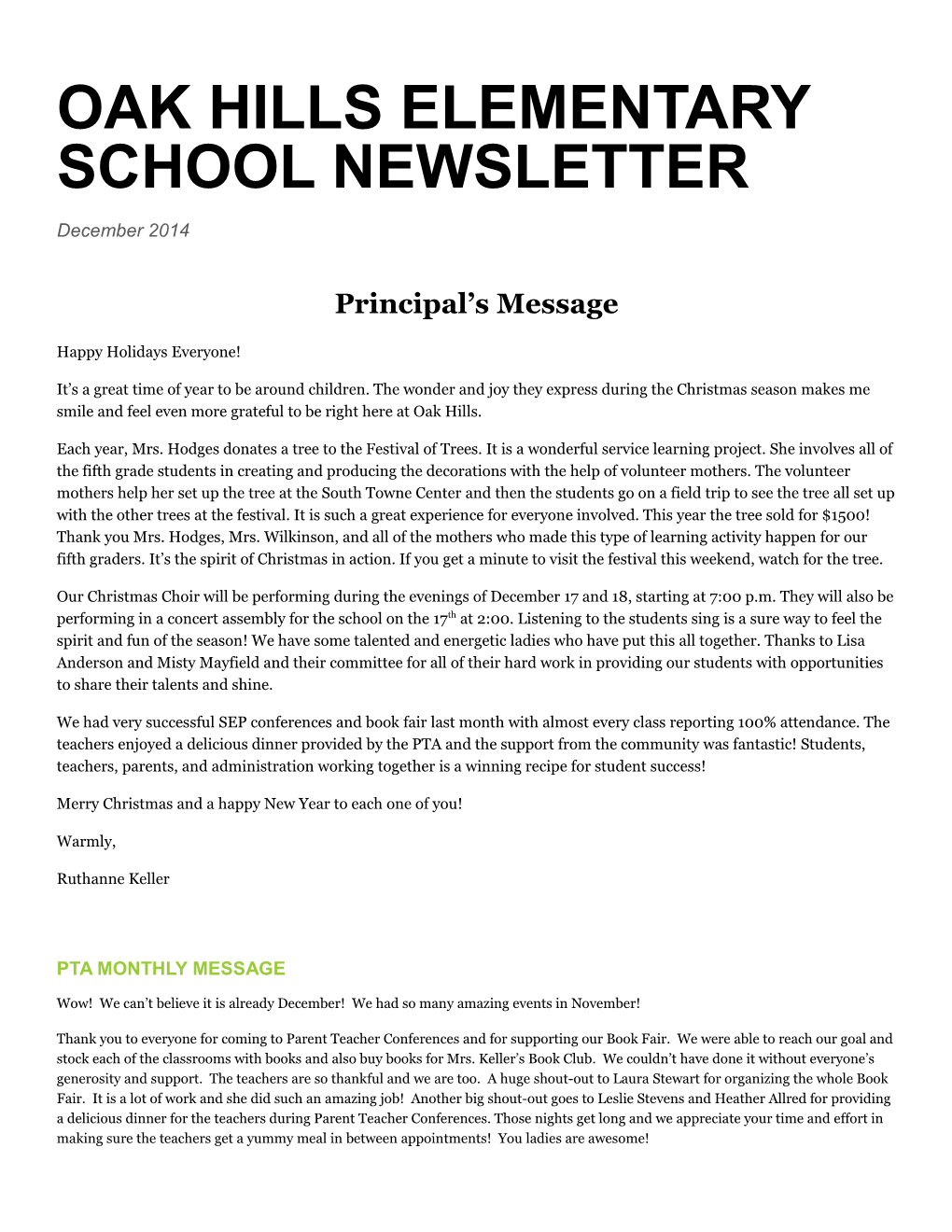 Oak Hills Elementary School Newsletter