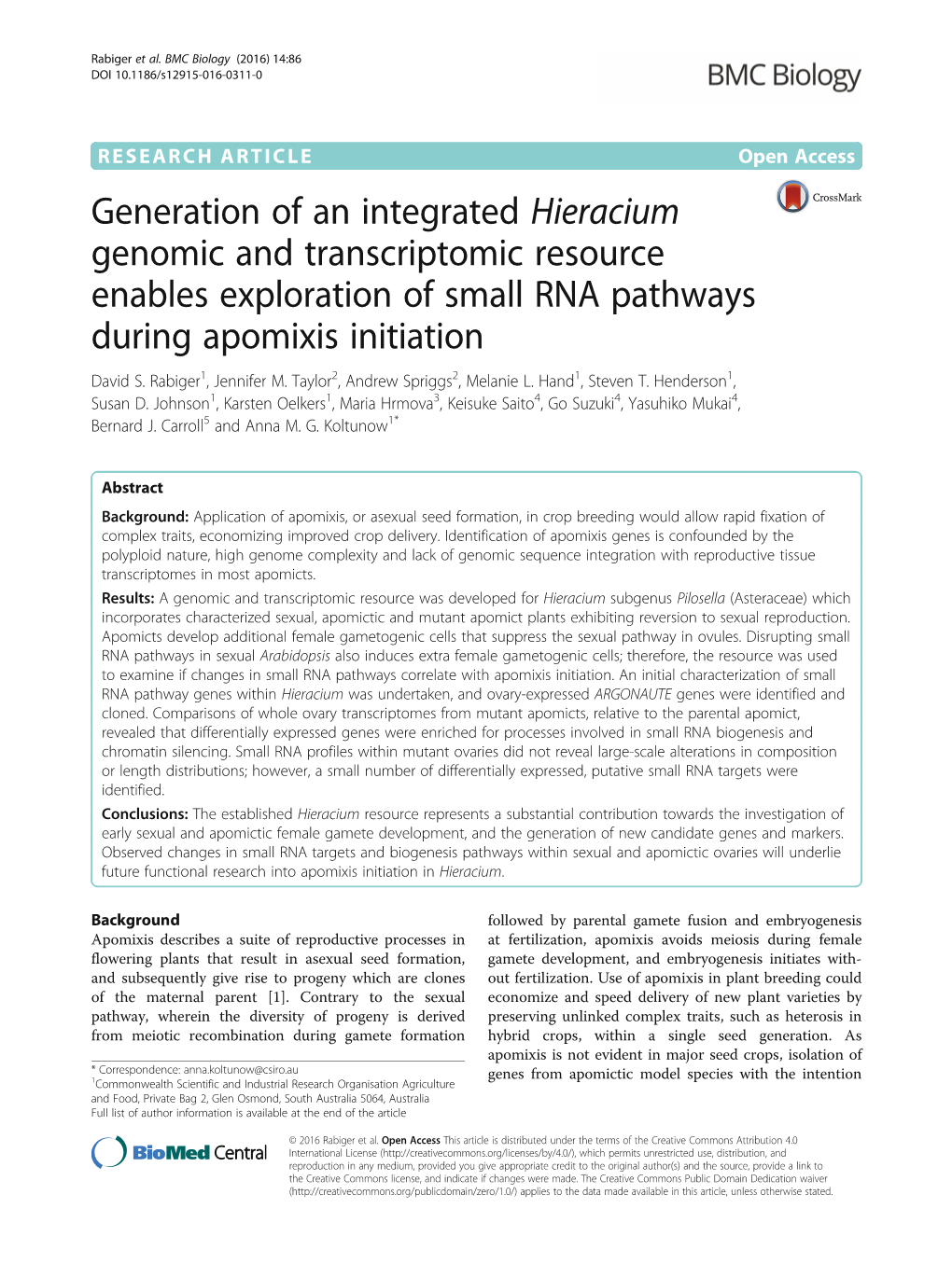 Generation of an Integrated Hieracium Genomic and Transcriptomic Resource Enables Exploration of Small RNA Pathways During Apomixis Initiation David S