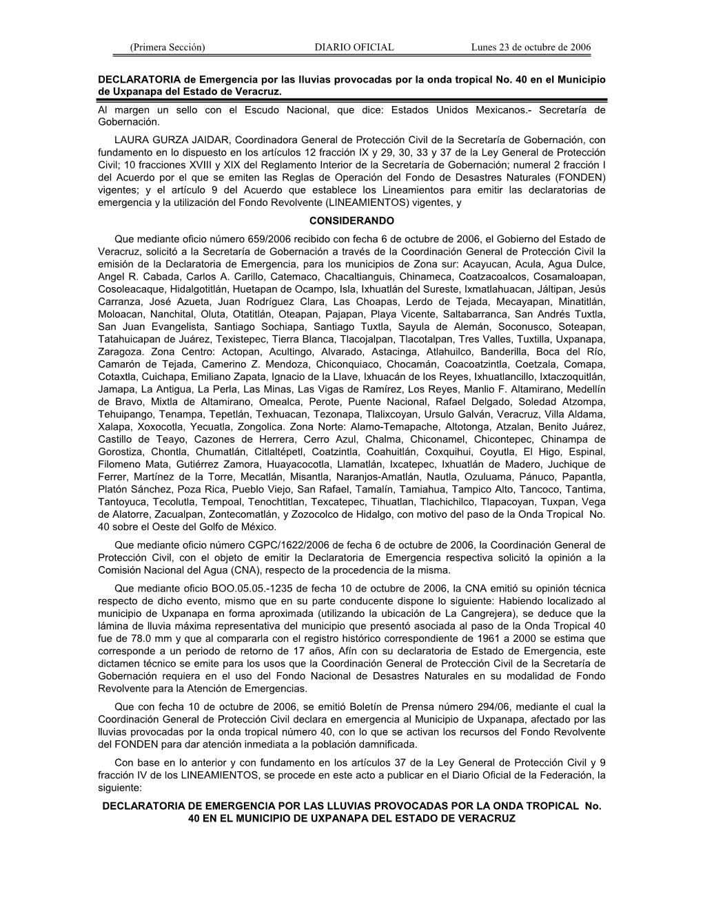 DIARIO OFICIAL Lunes 23 De Octubre De 2006 DECLARATORIA De Emergencia Por Las Lluvias Provocadas Por La Onda