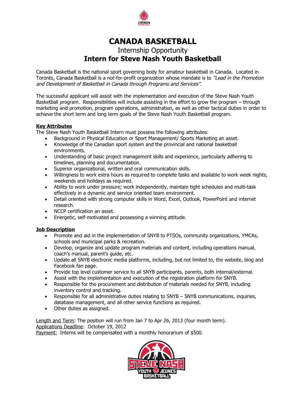 Intern for Steve Nash Youth Basketball