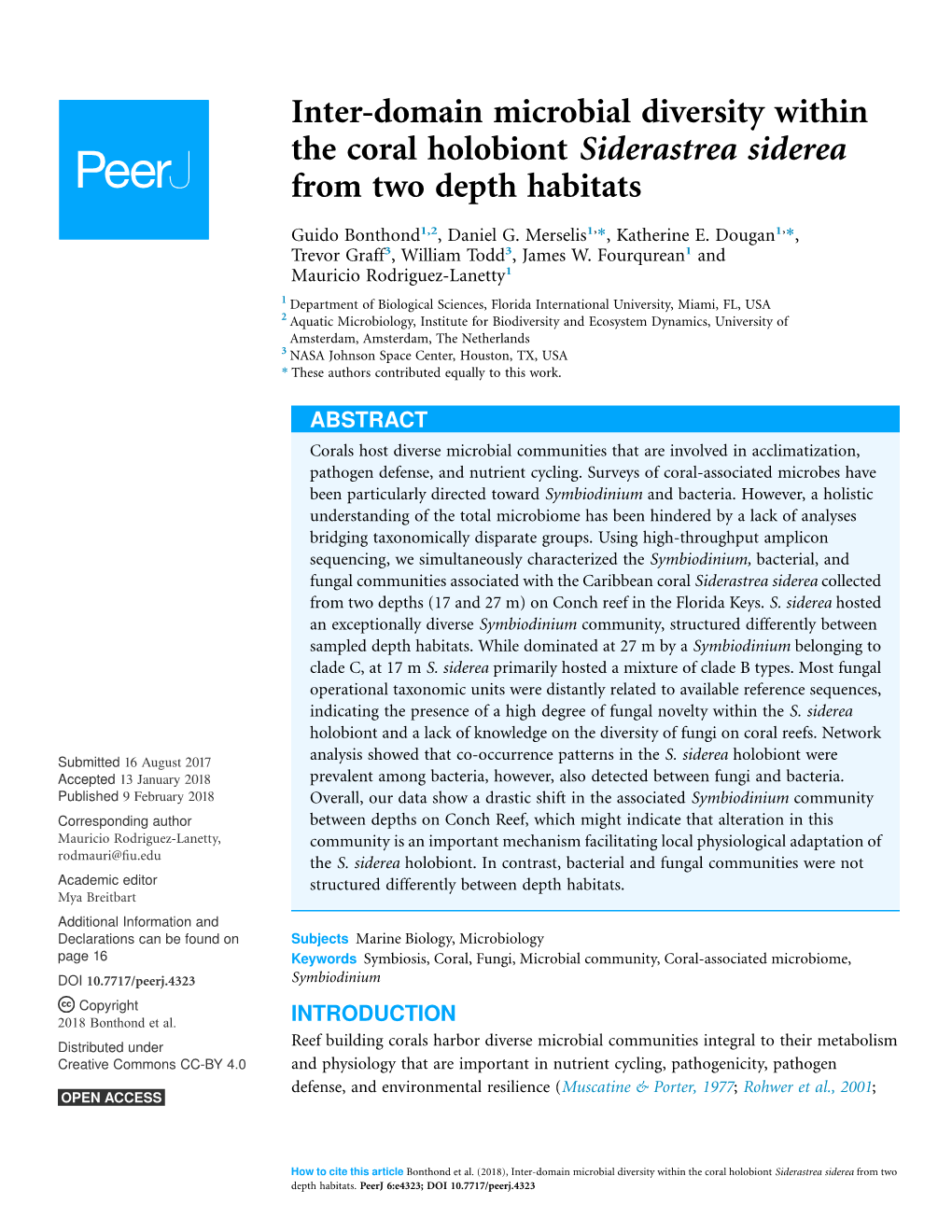 Inter-Domain Microbial Diversity Within the Coral Holobiont Siderastrea Siderea from Two Depth Habitats