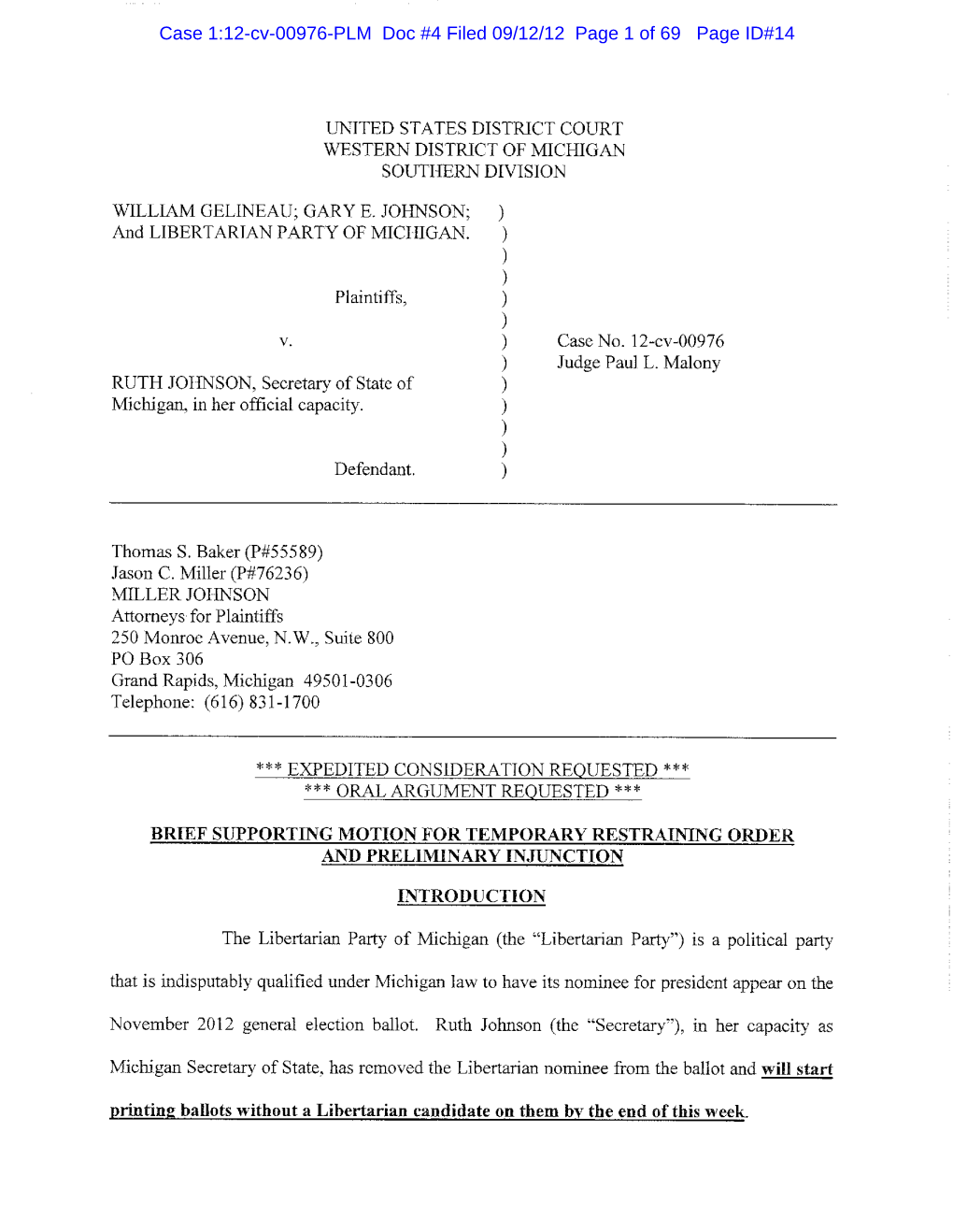 Case 1:12-Cv-00976-PLM Doc #4 Filed 09/12/12 Page 1 of 69 Page ID#14