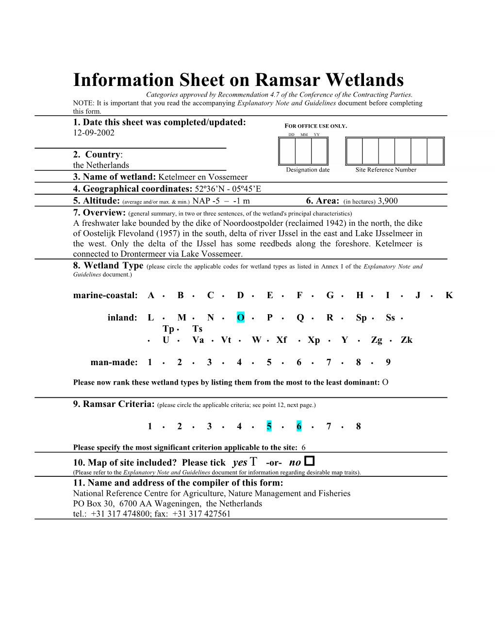 Information Sheet on Ramsar Wetlands Categories Approved by Recommendation 4.7 of the Conference of the Contracting Parties