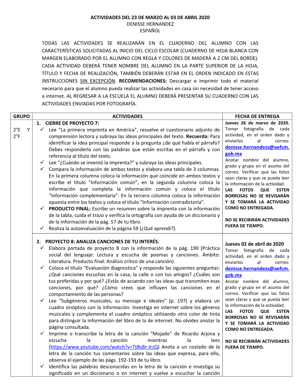 Actividades Del 23 De Marzo Al 03 De Abril 2020 Denisse Hernandez Español