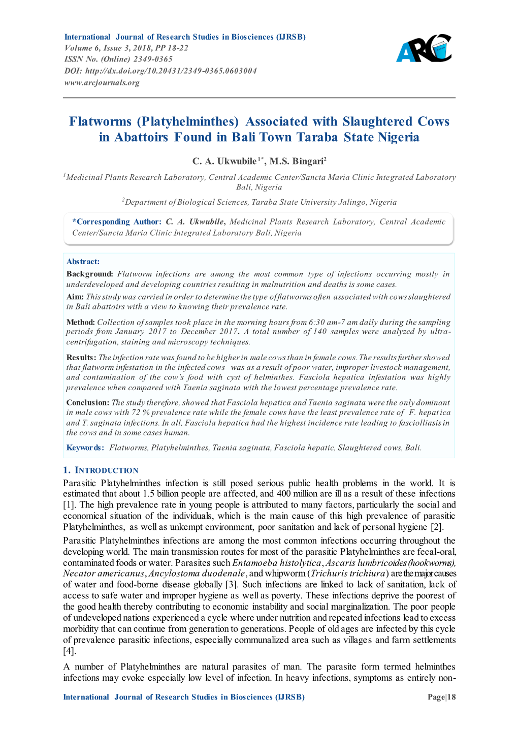 Flatworms (Platyhelminthes) Associated with Slaughtered Cows in Abattoirs Found in Bali Town Taraba State Nigeria