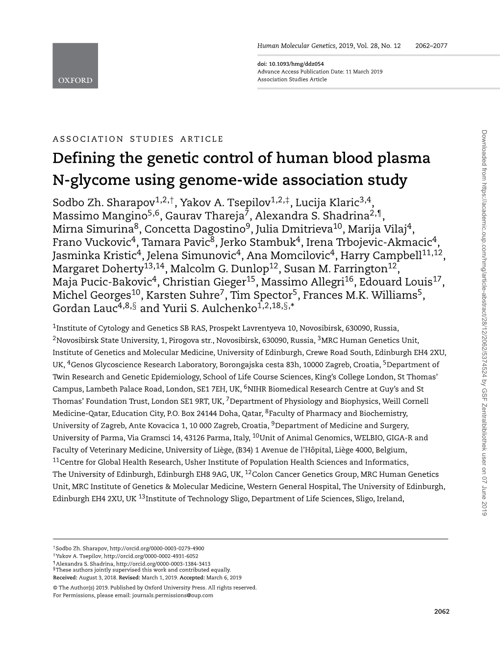 Defining the Genetic Control of Human Blood Plasma N-Glycome Using Genome-Wide Association Study Sodbo Zh