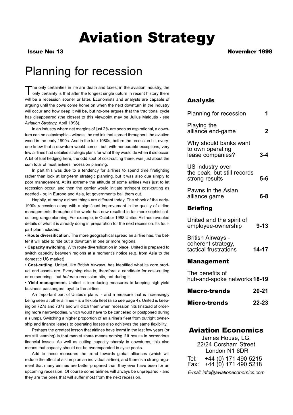 November 1998 Planning for Recession