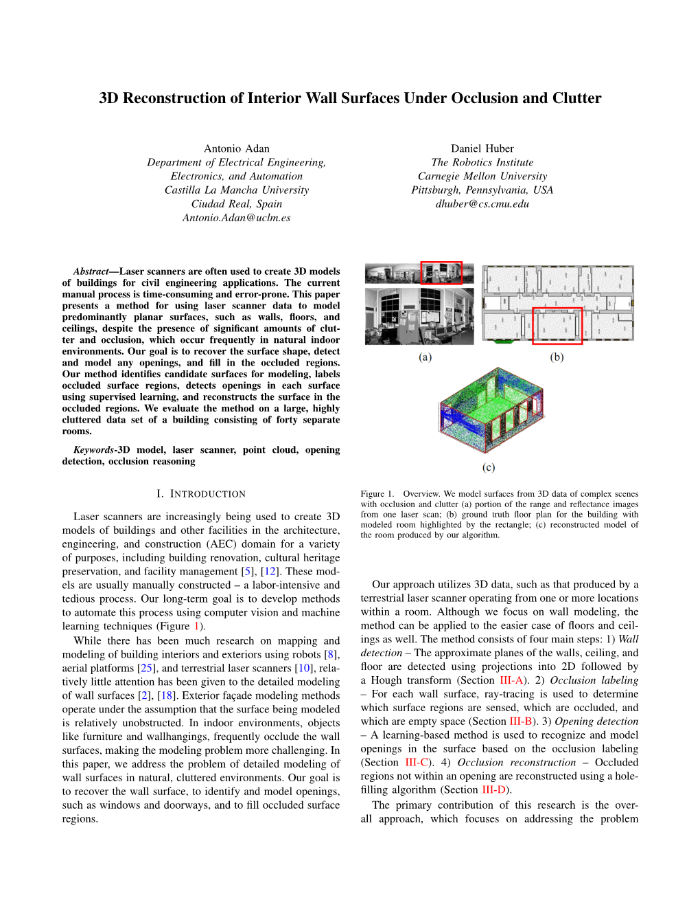 3D Reconstruction of Interior Wall Surfaces Under Occlusion and Clutter