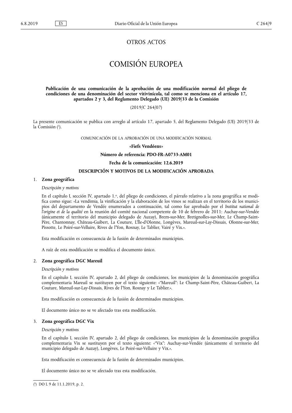 Publicación De Una Comunicación De La Aprobación De Una Modificación