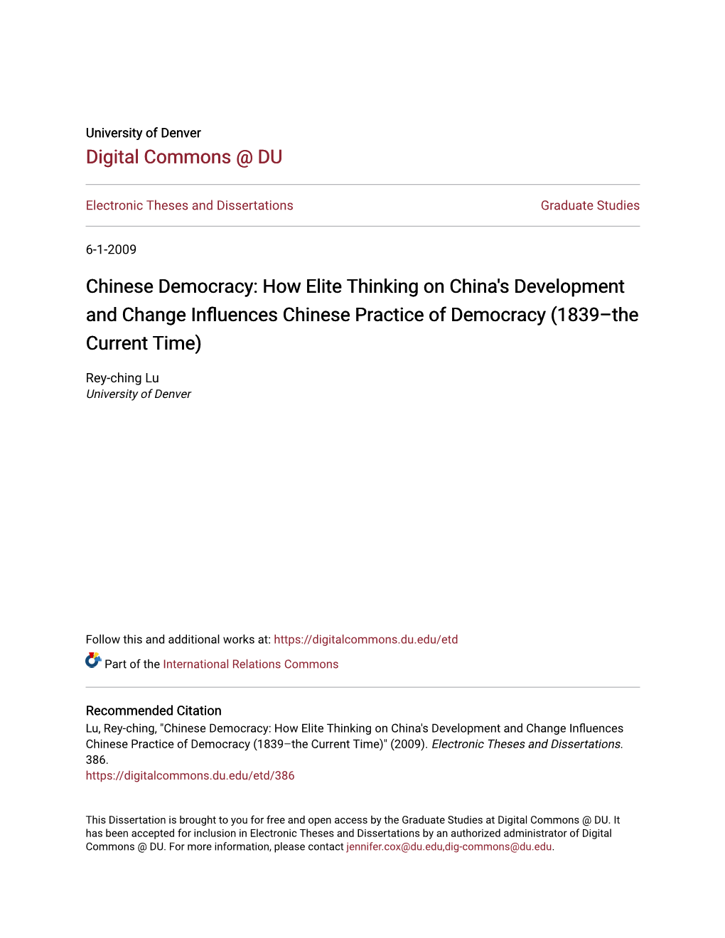 Chinese Democracy: How Elite Thinking on China's Development and Change Influences Chinese Practice of Democracy (1839–The Current Time)