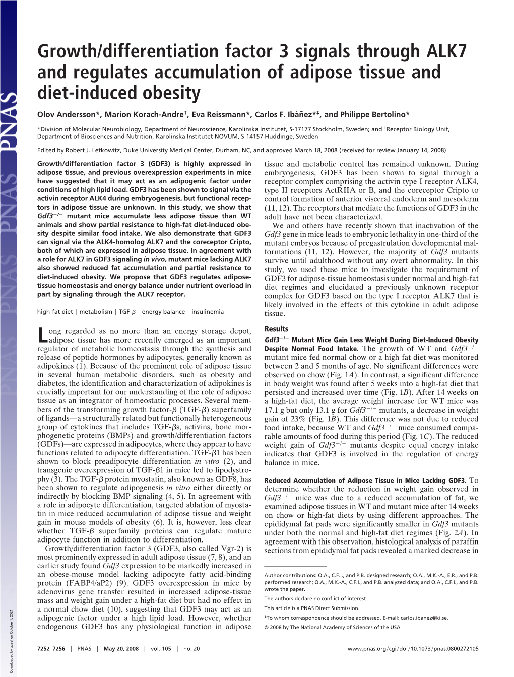 Growth/Differentiation Factor 3 Signals Through ALK7 and Regulates Accumulation of Adipose Tissue and Diet-Induced Obesity