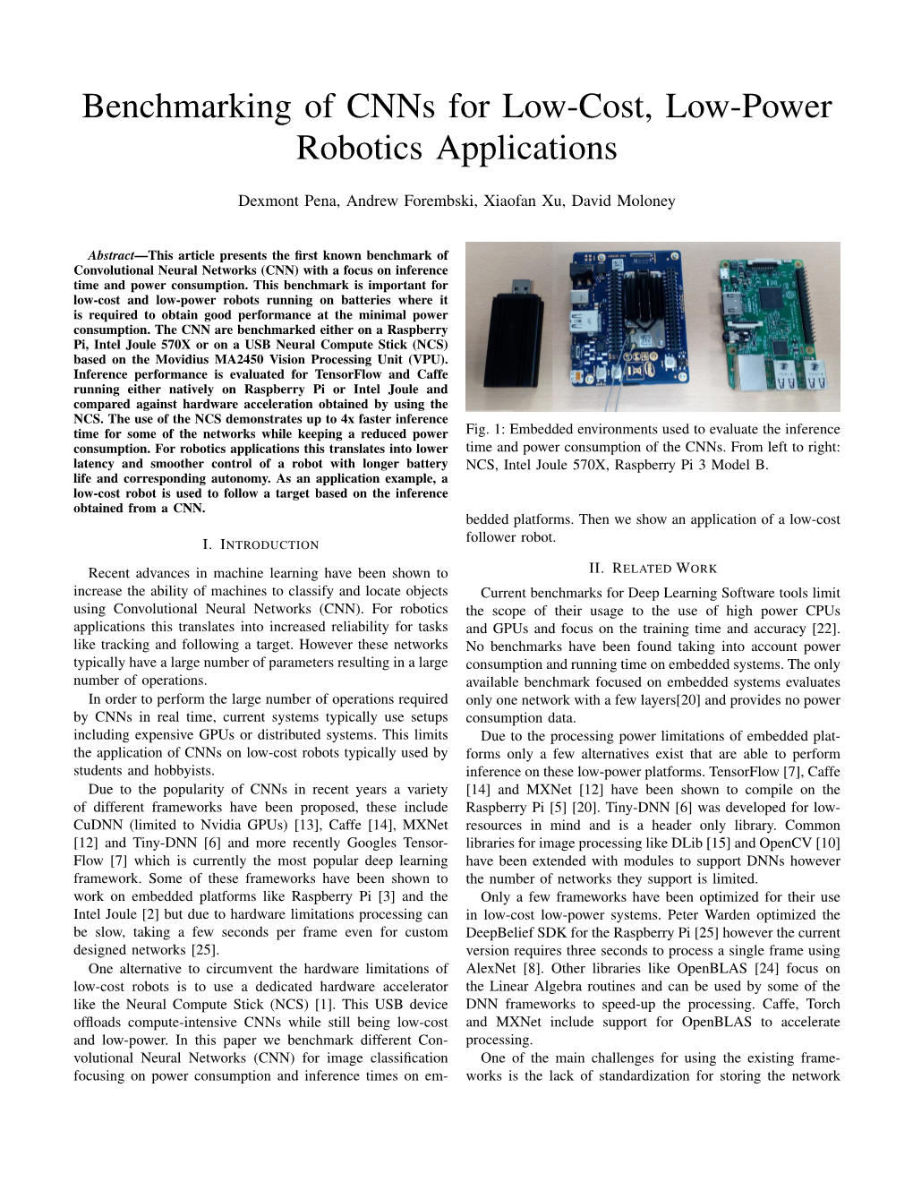 Benchmarking of Cnns for Low-Cost, Low-Power Robotics Applications