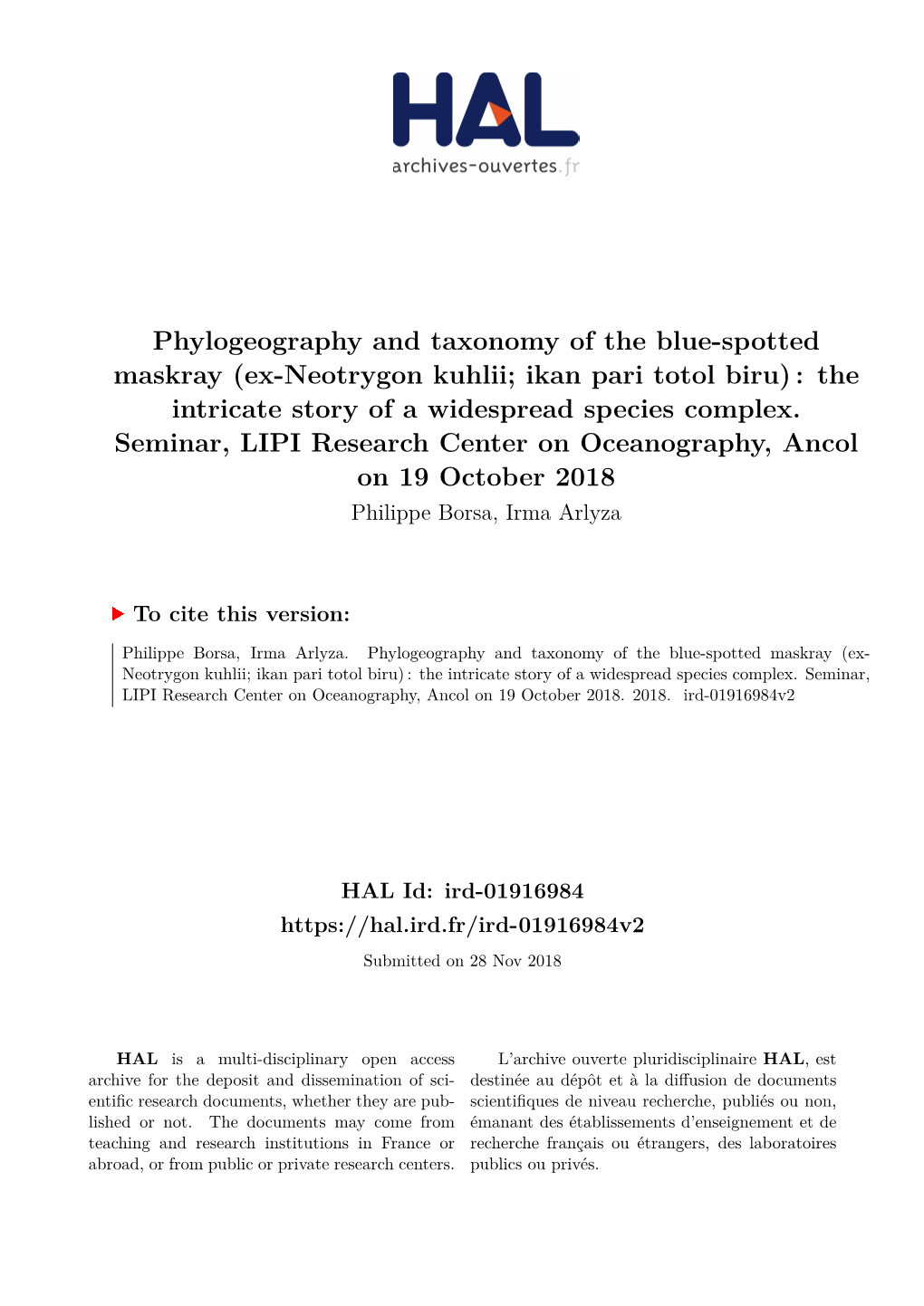 Ex-Neotrygon Kuhlii; Ikan Pari Totol Biru) : the Intricate Story of a Widespread Species Complex