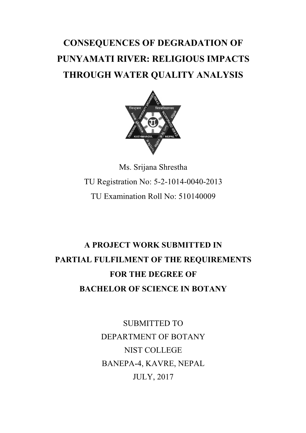 Consequences of Degradation of Punyamati River: Religious Impacts Through Water Quality Analysis