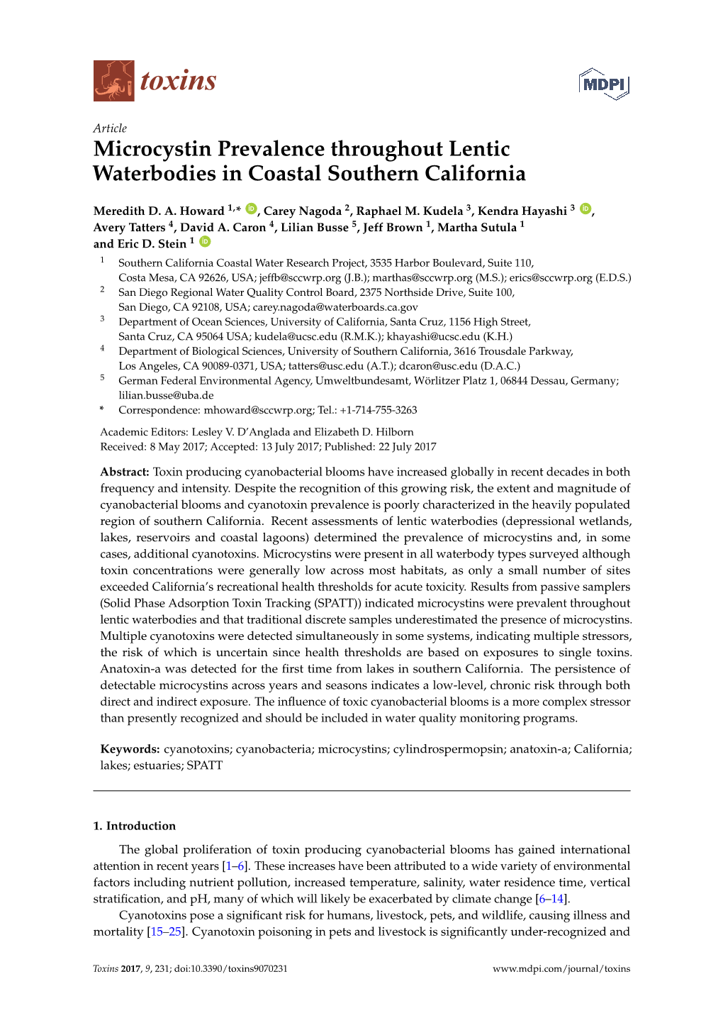 Microcystin Prevalence Throughout Lentic Waterbodies in Coastal Southern California