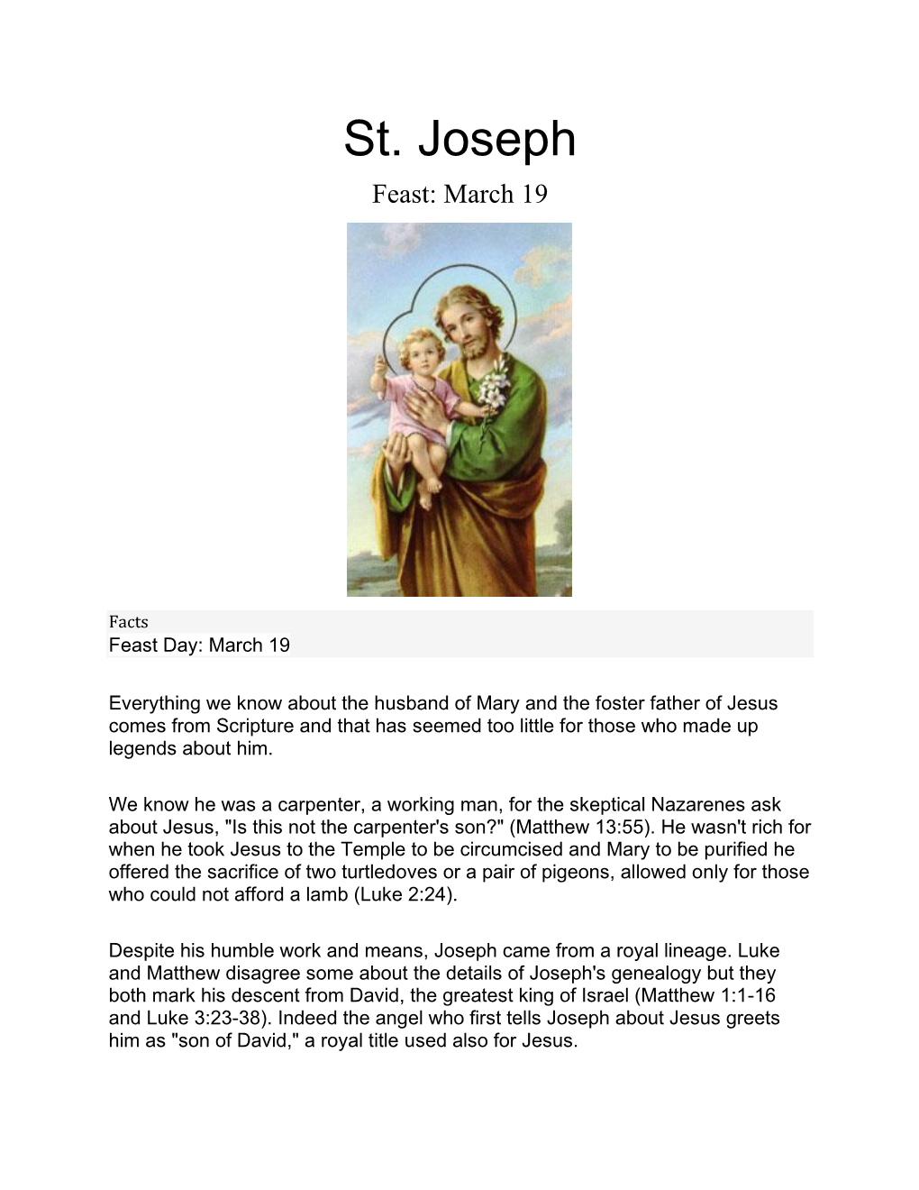 St. Joseph Feast: March 19