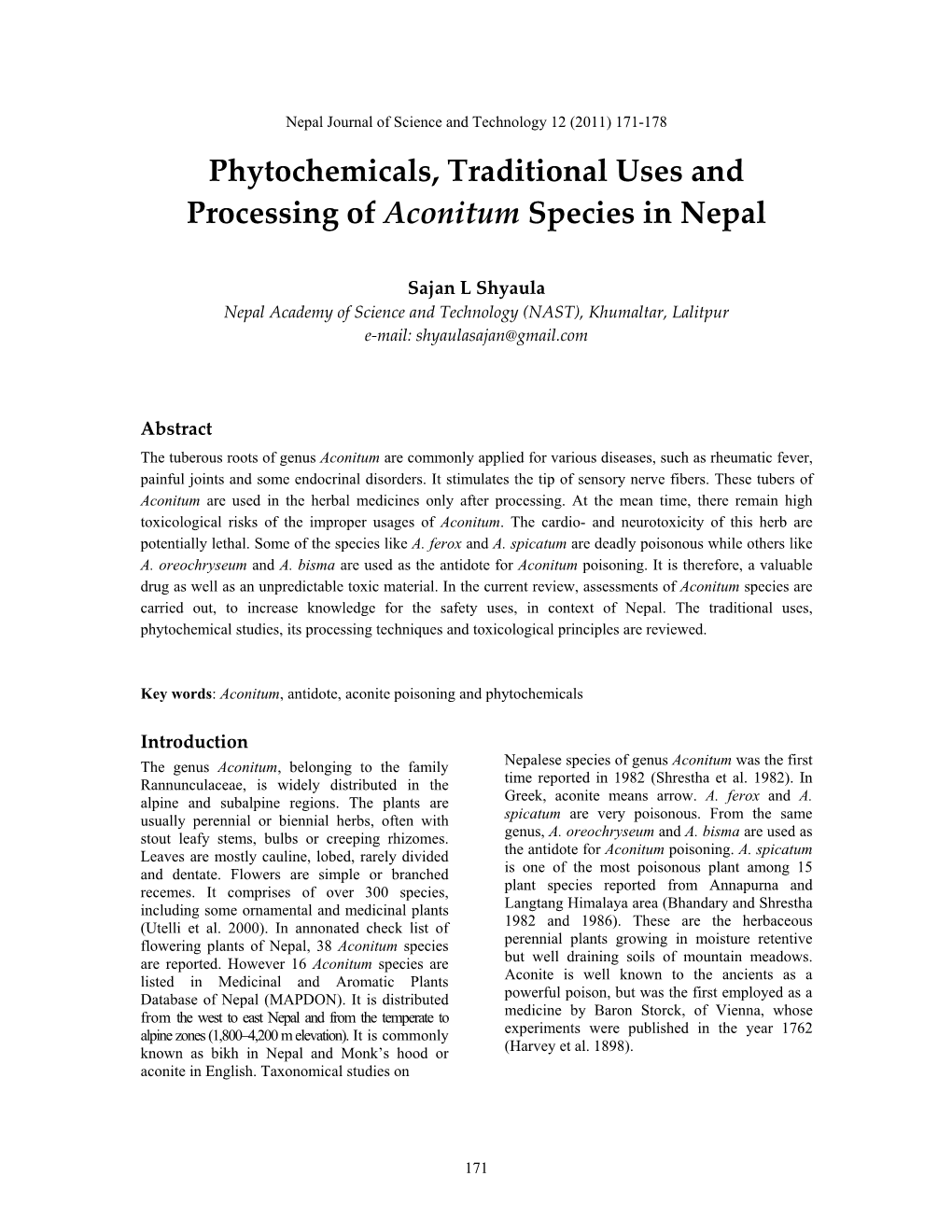 Phytochemicals, Traditional Uses and Processing of Aconitum Species in Nepal