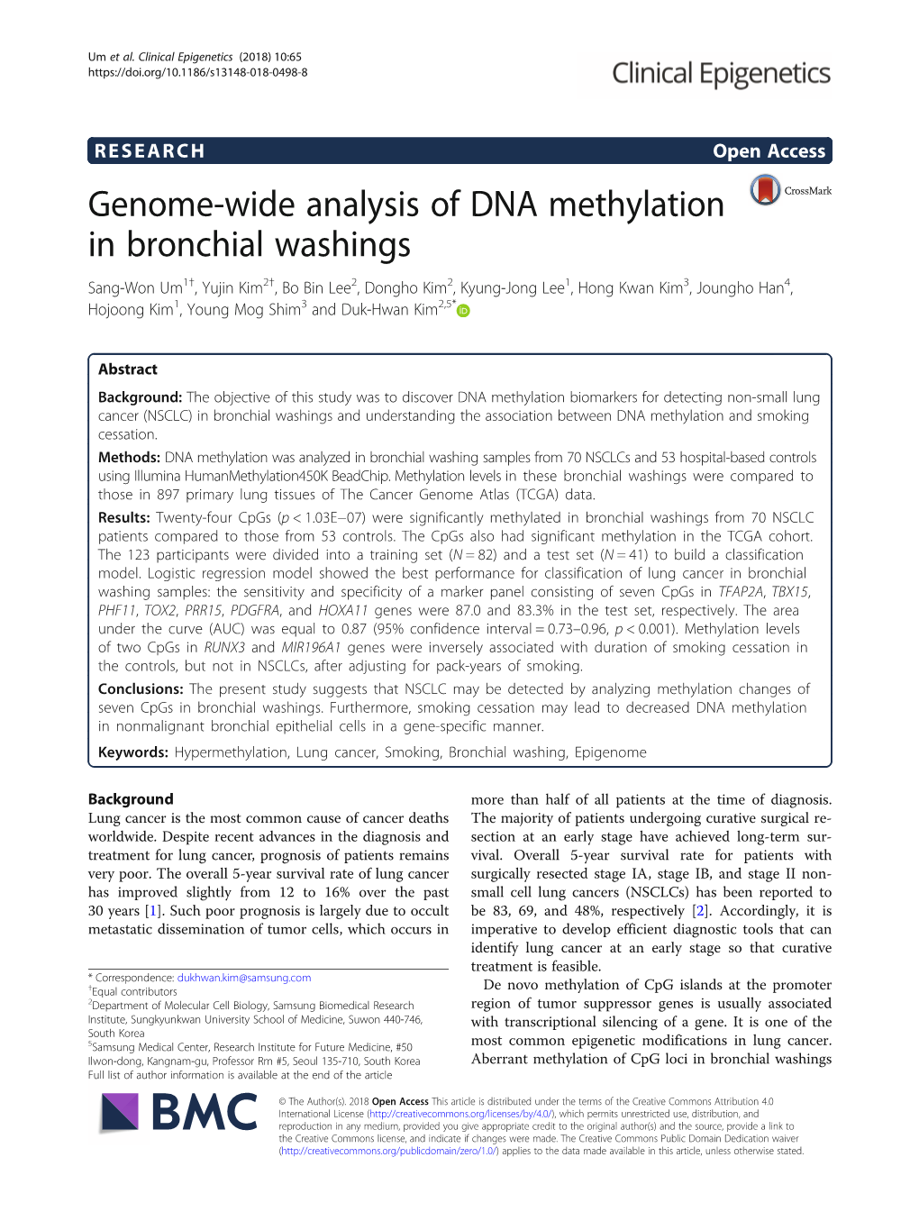 Genome-Wide Analysis of DNA Methylation in Bronchial Washings