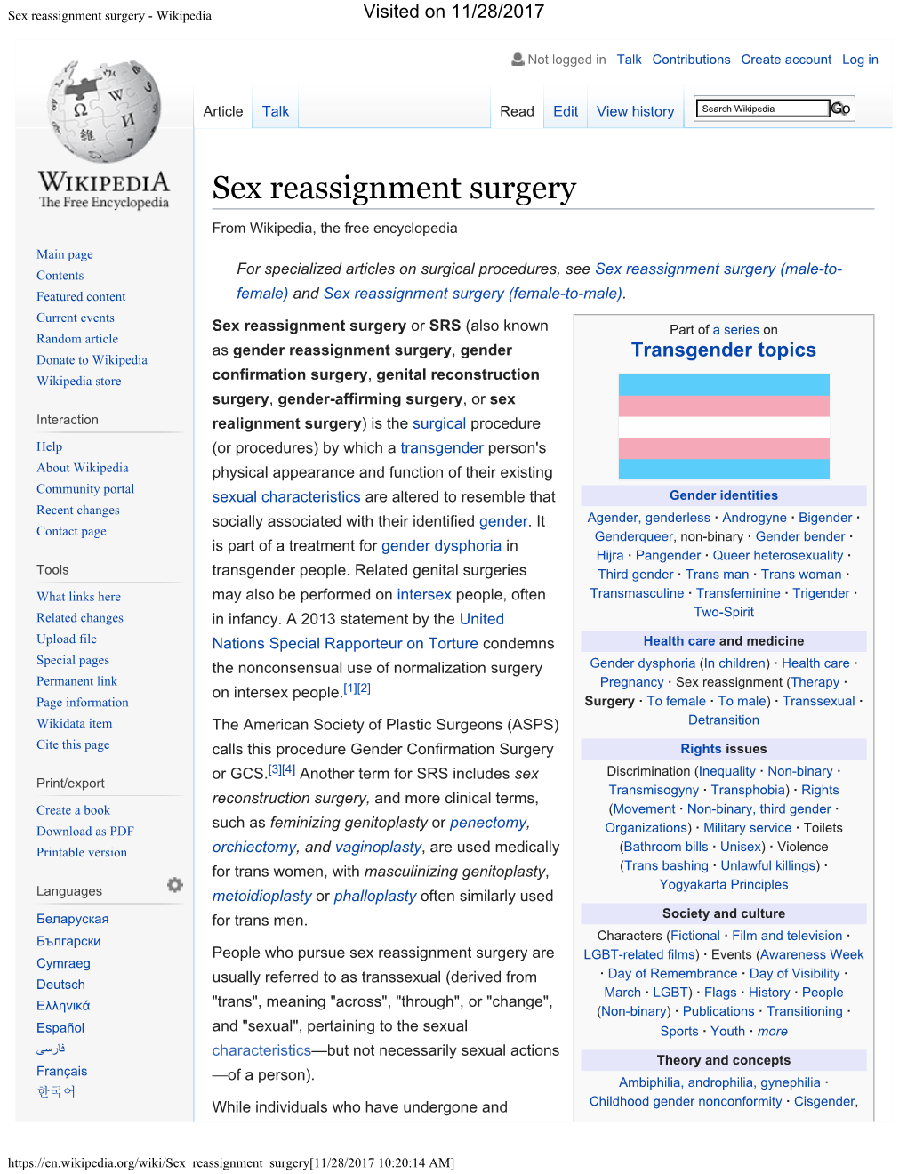 Sex Reassignment Surgery - Wikipedia Visited on 11/28/2017