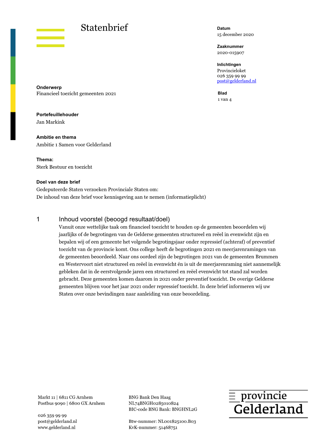 Statenbrief Financieel Toezicht Gemeenten