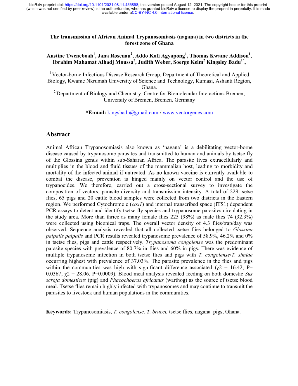 The Transmission of African Animal Trypanosomiasis (Nagana) in Two Districts in the Forest Zone of Ghana