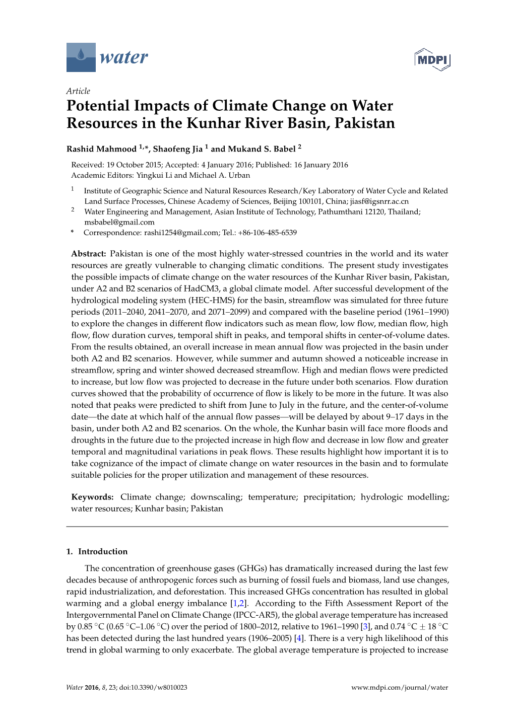 Potential Impacts of Climate Change on Water Resources in the Kunhar River Basin, Pakistan