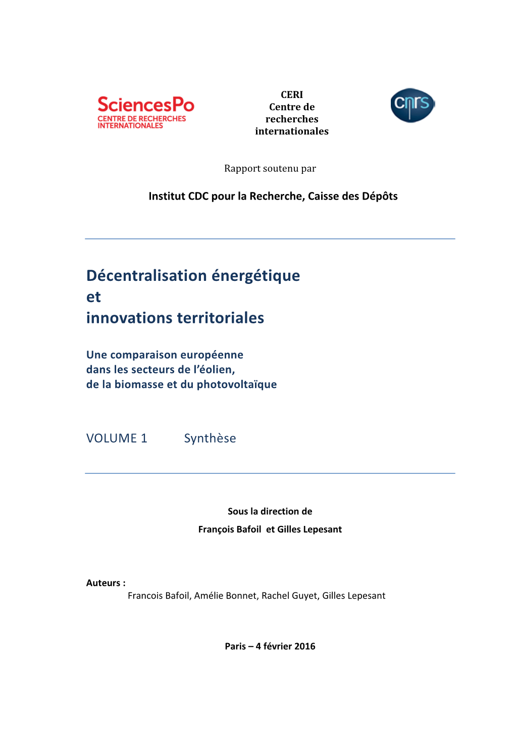 Recherche CERI 2016 -Volume 1 Synthèse