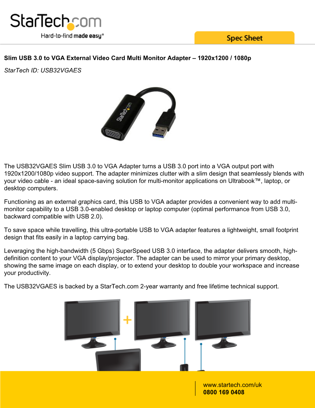 Slim USB 3.0 to VGA External Video Card Multi Monitor Adapter – 1920X1200 / 1080P Startech ID: USB32VGAES