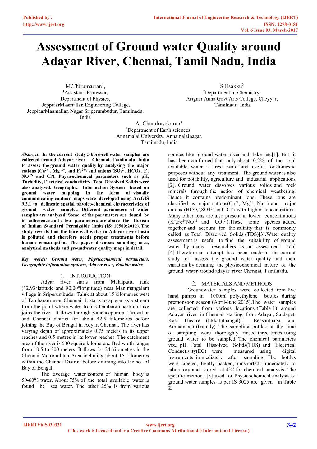 Assessment of Ground Water Quality Around Adayar River, Chennai, Tamil Nadu, India