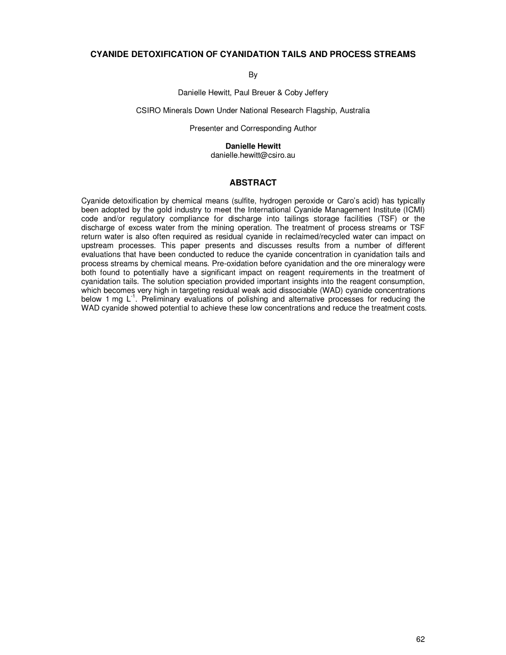 Cyanide Detoxification of Cyanidation Tails and Process Streams Abstract