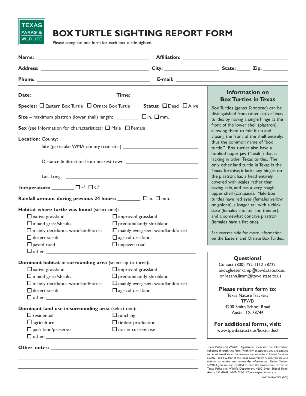 Box Turtle Sighting Report Form, PWD 1005