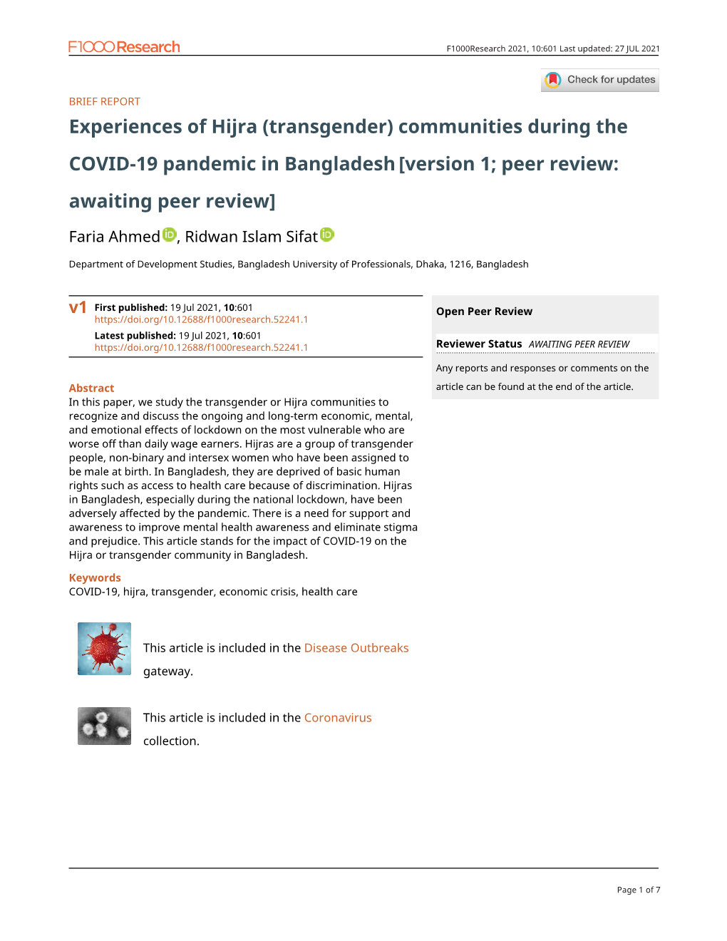 Experiences of Hijra (Transgender) Communities During the COVID-19 Pandemic in Bangladesh[Version 1; Peer Review: Awaiting Peer