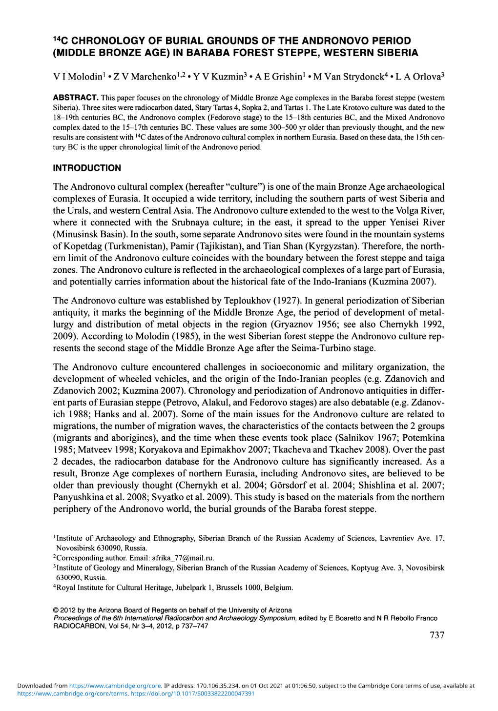 1 4 C CHRONOLOGY of BURIAL GROUNDS of the ANDRONOVO PERIOD (MIDDLE BRONZE AGE) in BARABA FOREST STEPPE, WESTERN SIBERIA VI Molod