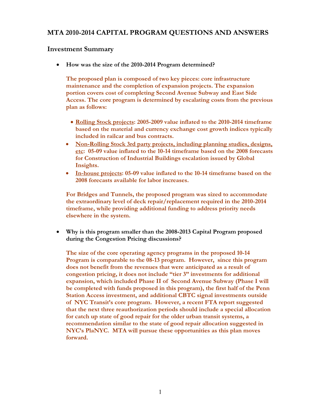 MTA 2010-2014 CAPITAL PROGRAM QUESTIONS and ANSWERS Investment Summary