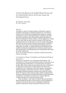 On the Link Between the English Patent System and the Industrial Revolution: Economic, Legal, and Sociological Issues