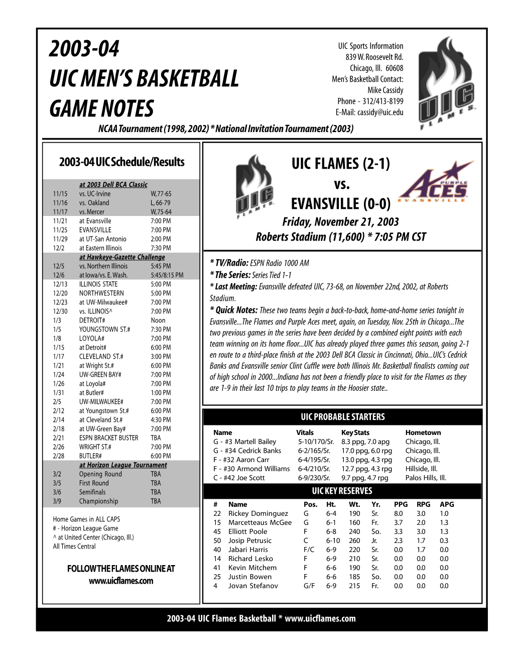 2003-04 Uic Men's Basketball Game Notes