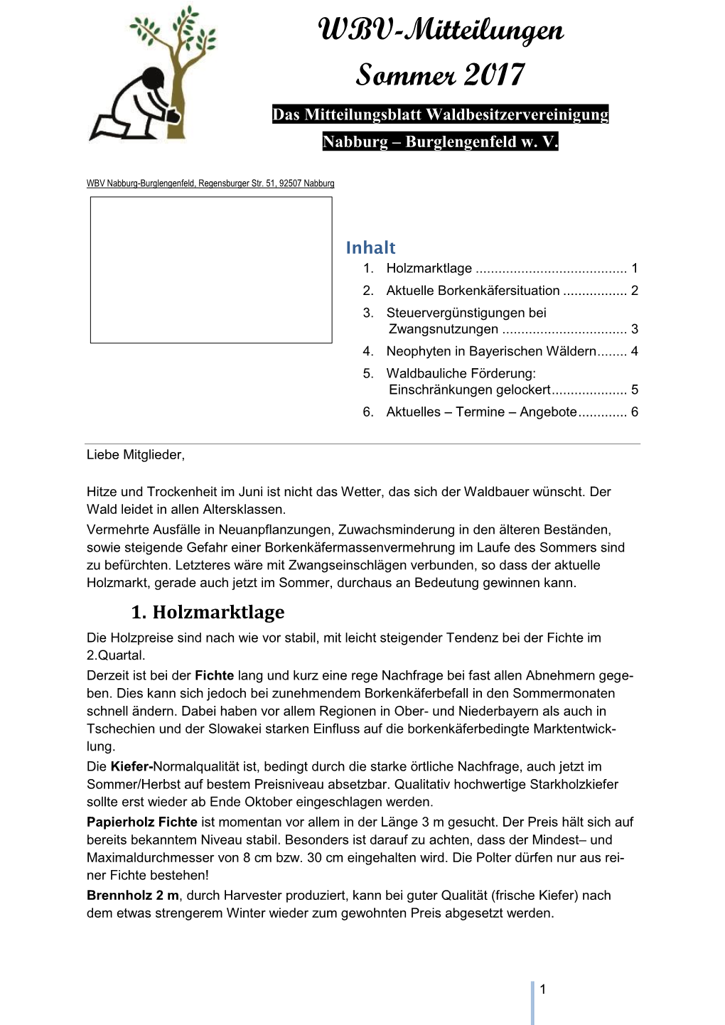 WBV-Mitteilungen Sommer 2017 Das Mitteilungsblatt Waldbesitzervereinigung Nabburg – Burglengenfeld W