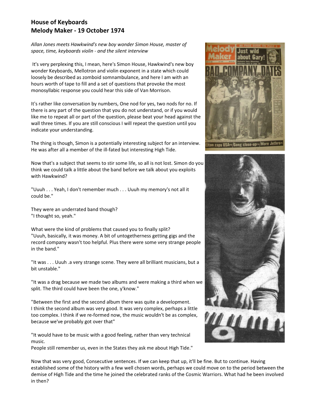 House of Keyboards Melody Maker - 19 October 1974
