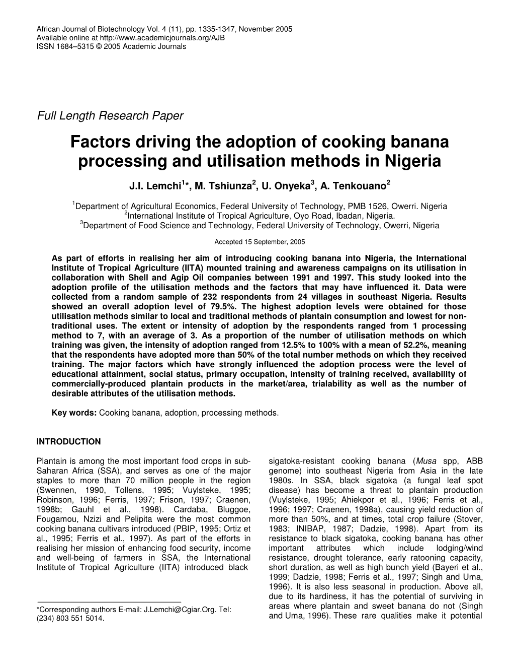 Factors Driving the Adoption of Cooking Banana Processing and Utilisation Methods in Nigeria