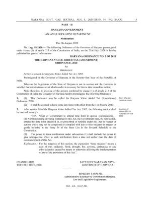(AMENDMENT) ORDINANCE, 2020 an ORDINANCE Further to Amend the Haryana Value Added Tax Act, 2003