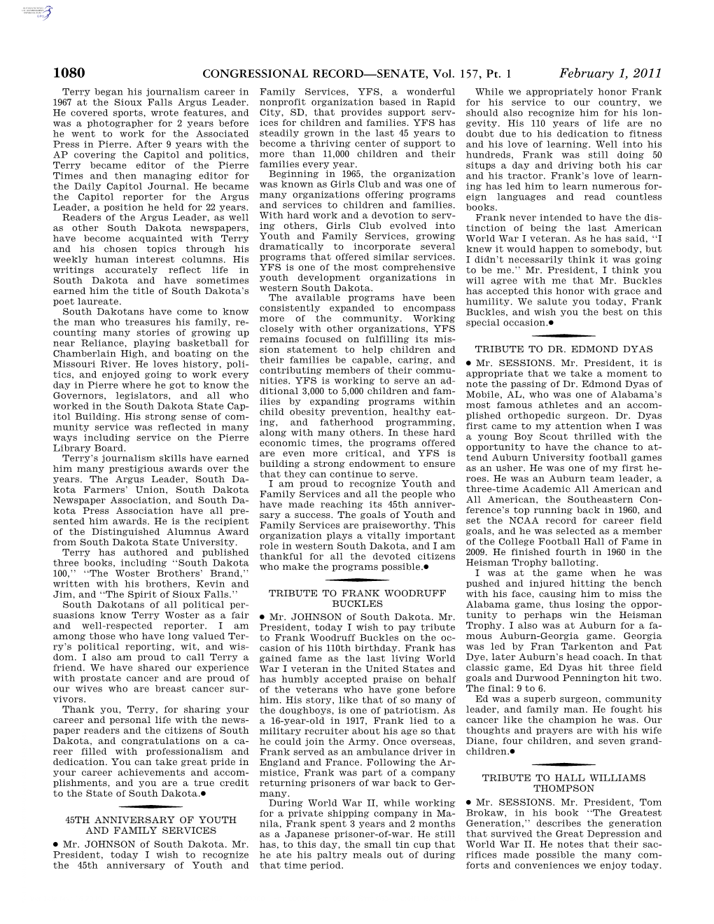 CONGRESSIONAL RECORD—SENATE, Vol. 157, Pt. 1 February